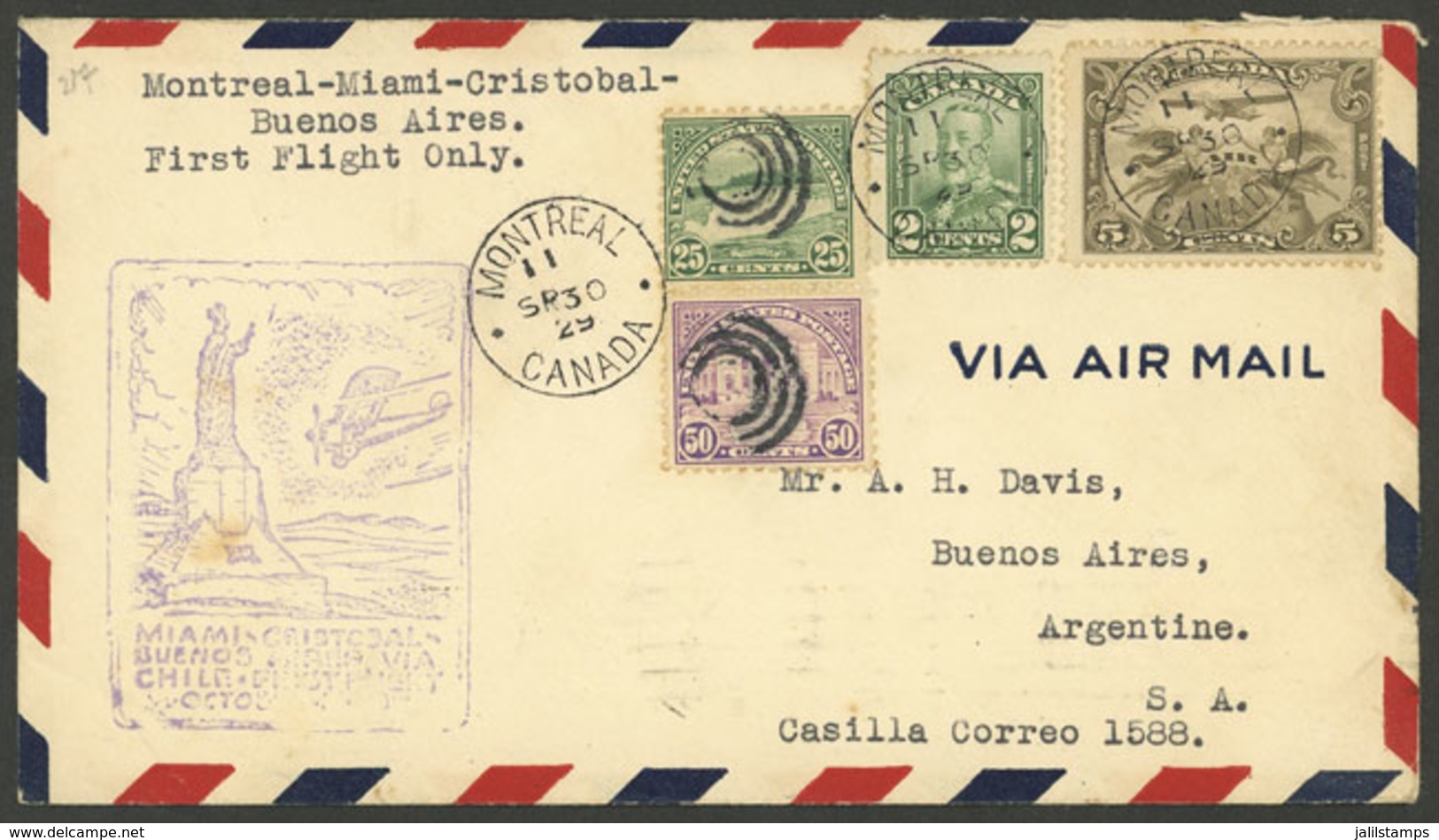CANADA: 30/SE/1929 Montreal - Argentina, Flown On The First PANAGRA Flight Between Cristobal (Canal Zone) And Buenos Air - Storia Postale