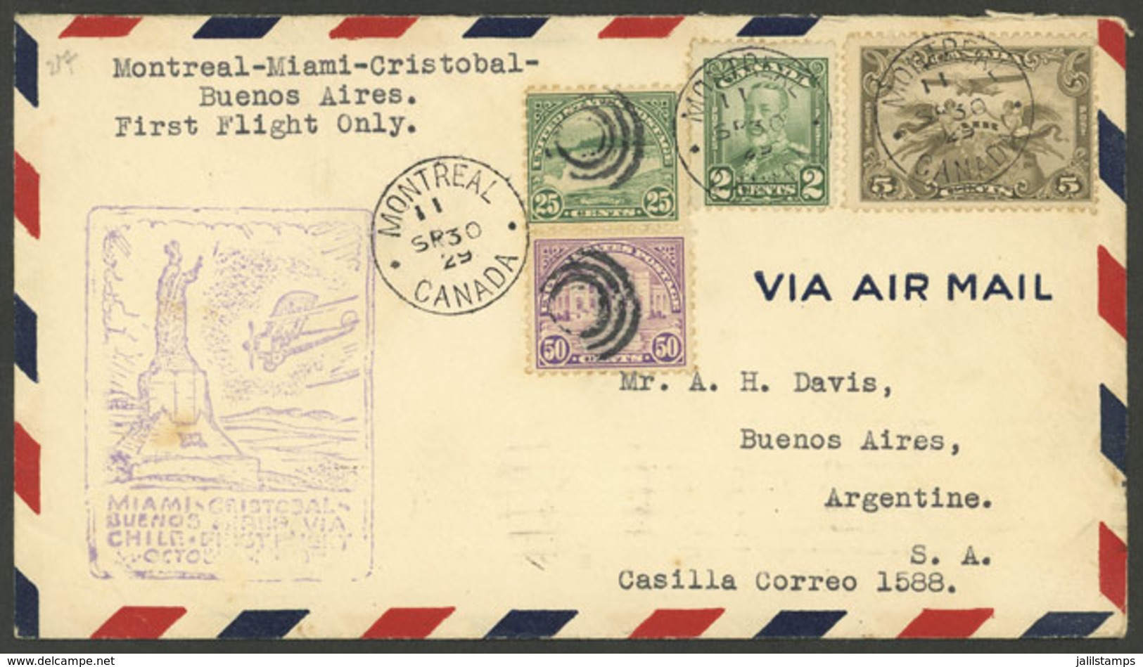 CANADA: 30/SE/1929 Montreal - Argentina, Flown On The First PANAGRA Flight Between Cristobal (Canal Zone) And Buenos Air - Covers & Documents