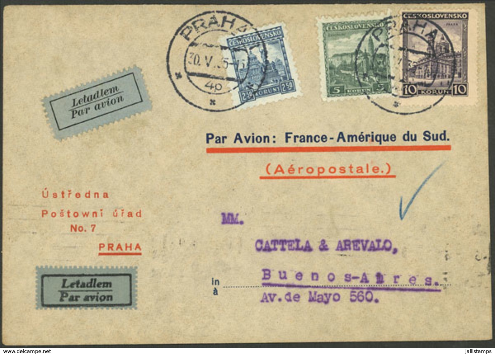 CZECHOSLOVAKIA: 30/MAY/1935 Praha - Argentina, Airmail Cover Sent To Buenos Aires By Aeropostale, Franked With 17.50K.,  - Lettres & Documents