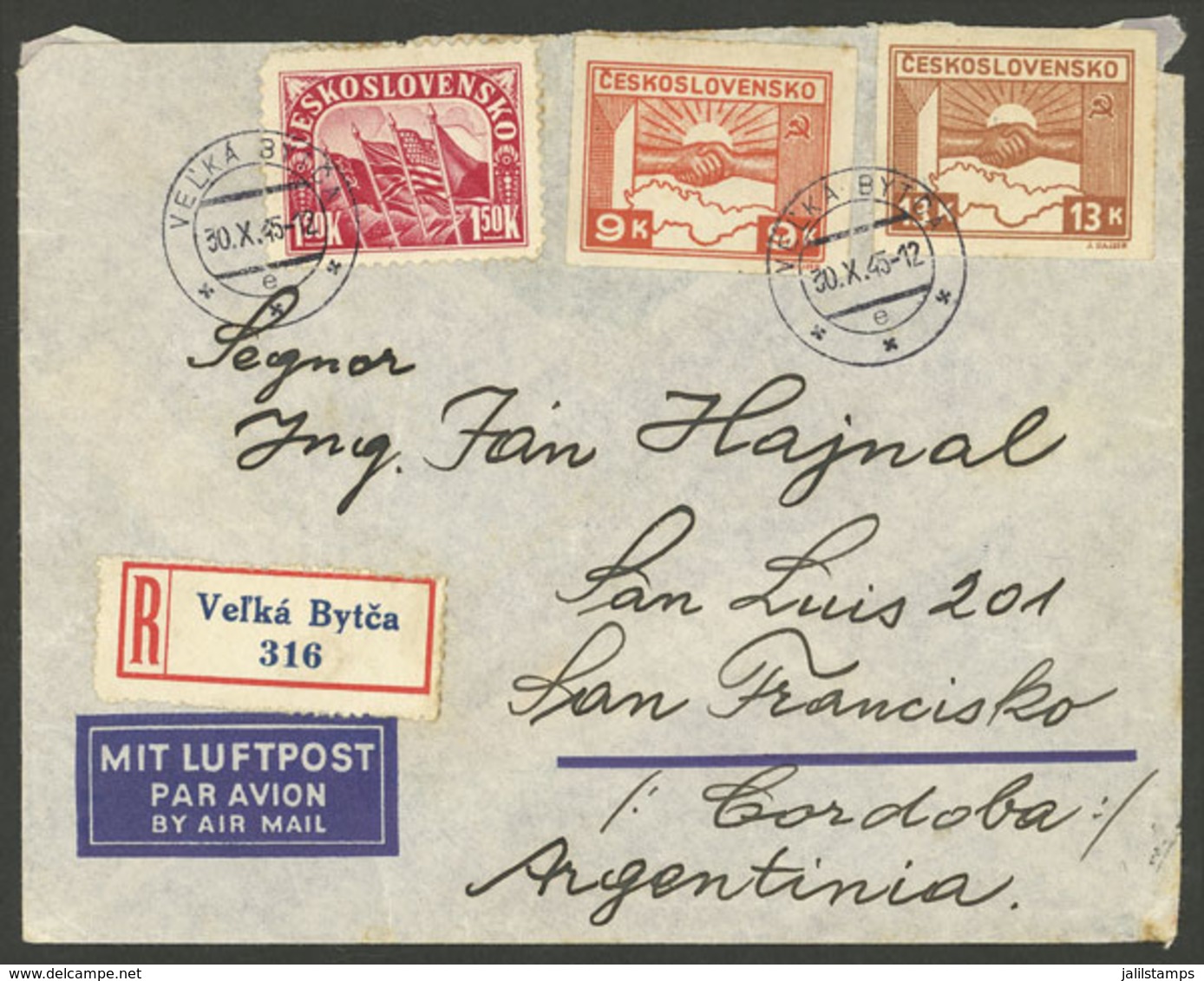 CZECHOSLOVAKIA: 30/OC/1945 Velka Bytca - Argentina, Registered Airmail Cover With Nice Franking On Front And Back, Flap  - Storia Postale