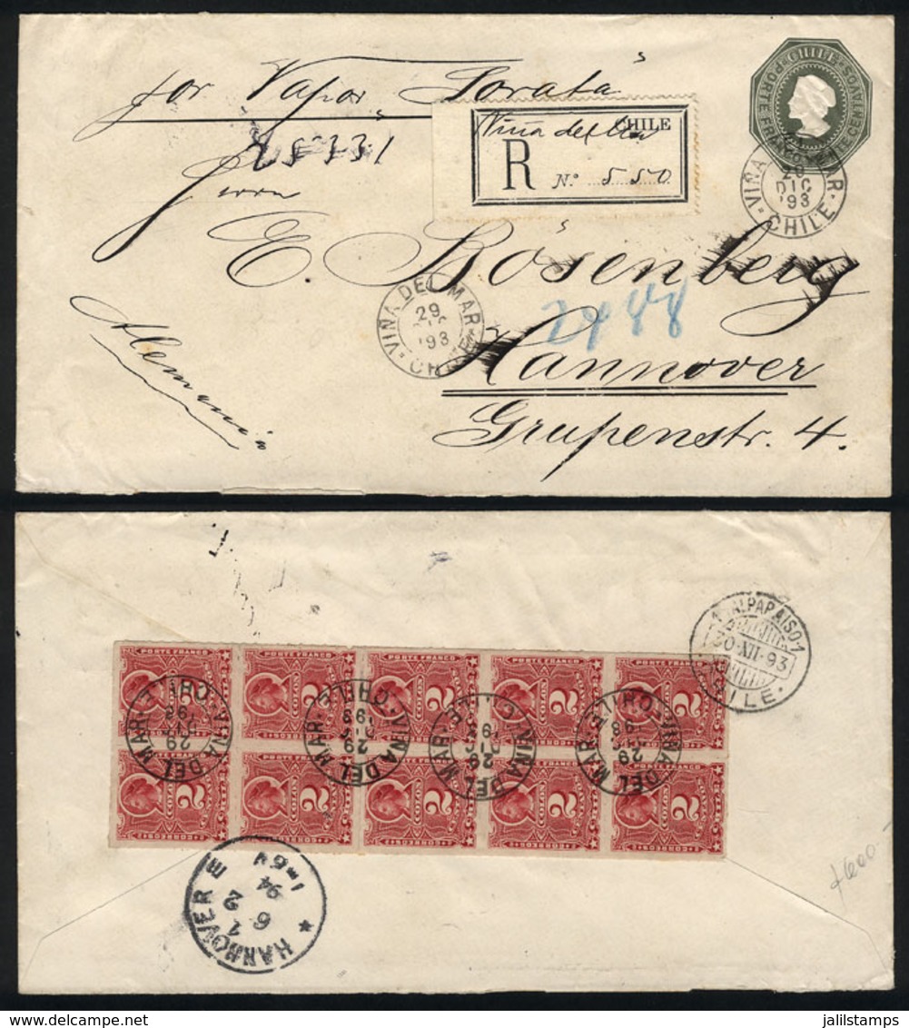 CHILE: 20c. Stationery Envelope With Block Of 10 Colombus 2c. Rouletted (Sc.26) Affixed On Back (total Postage 40c.), Se - Chili