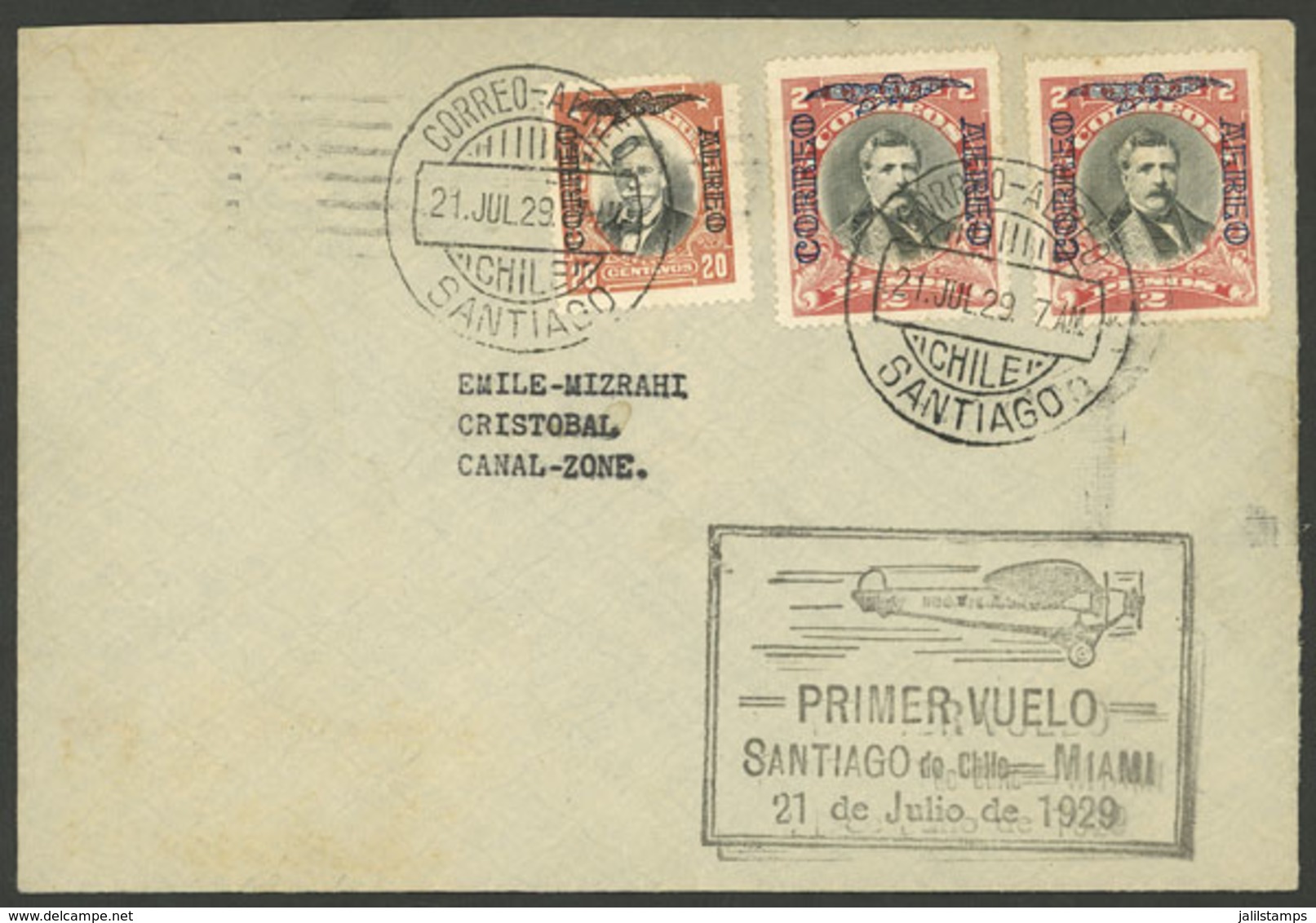 CHILE: 21/JUL/1929 Santiago - Cristobal (Canal Zone), Panagra First Flight, With Special Mark And Arrival Backstamp Of 2 - Chili