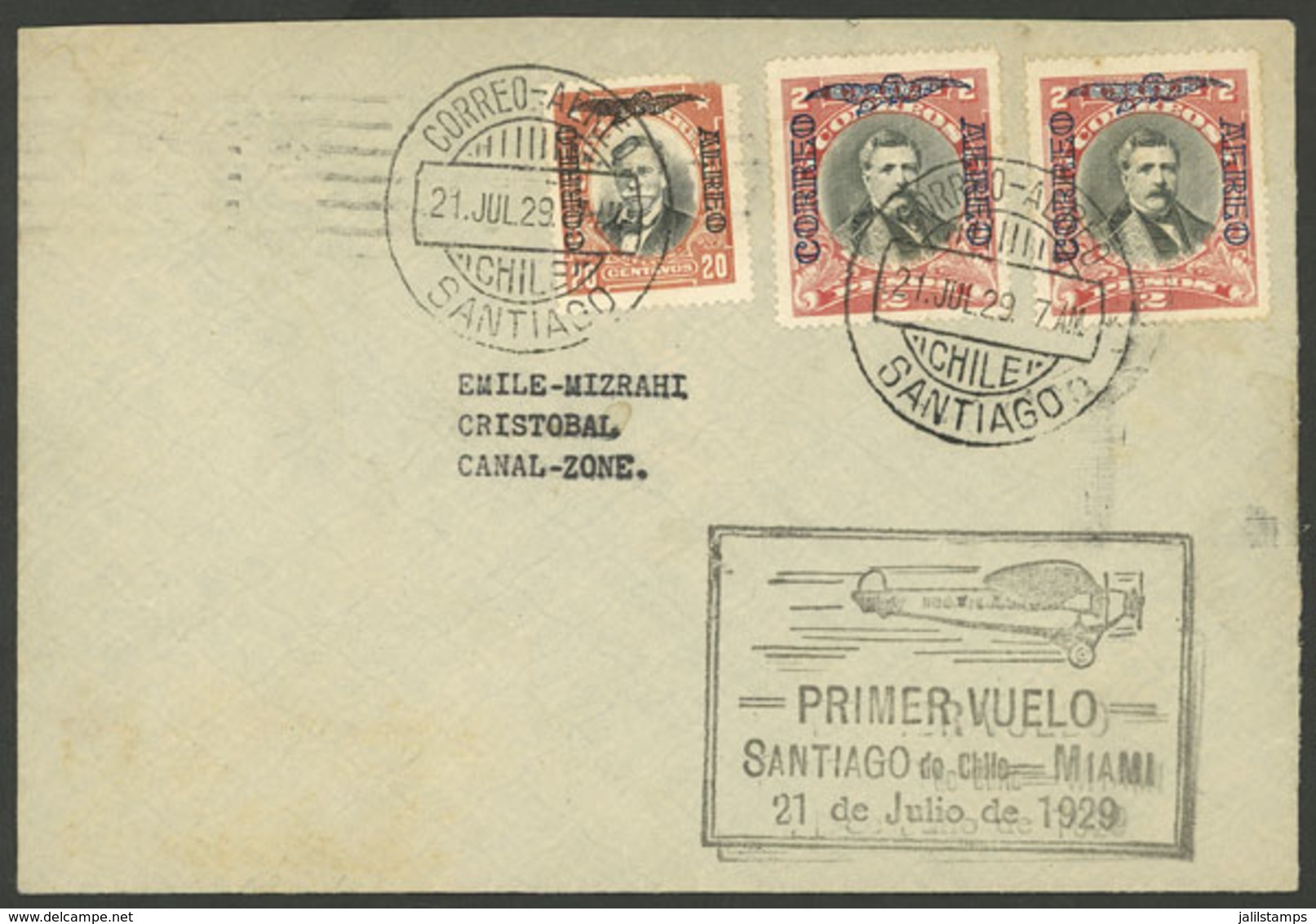 CHILE: 21/JUL/1929 Santiago - Cristobal (Canal Zone), Panagra First Flight, With Special Mark And Arrival Backstamp Of 2 - Chile