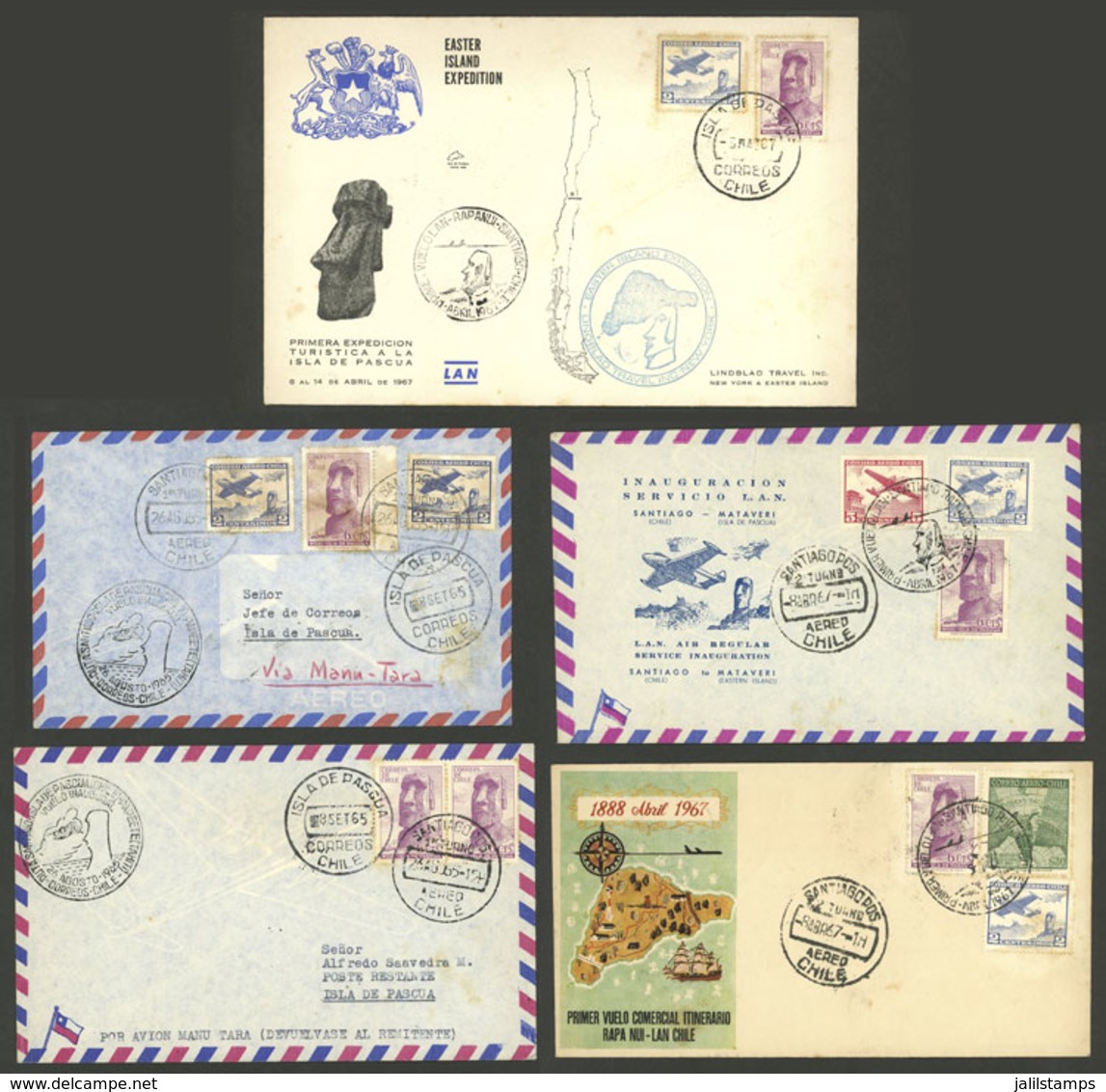 CHILE: Flights To EASTER ISLAND: 5 Covers Sent From Santiago To Rapanui Or The Other Way Around In 1967, Several Are LAN - Cile