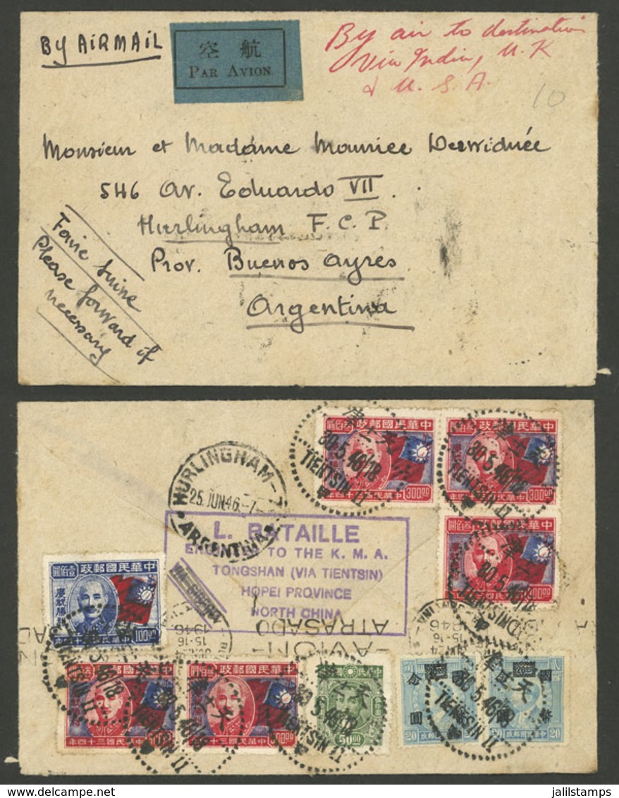 CHINA: 30/MAY/1946 TONGSHAN- Argentina, Airmail Cover With Large Postage On Back, Very Fine Quality, Rare! - Yunnan 1927-34