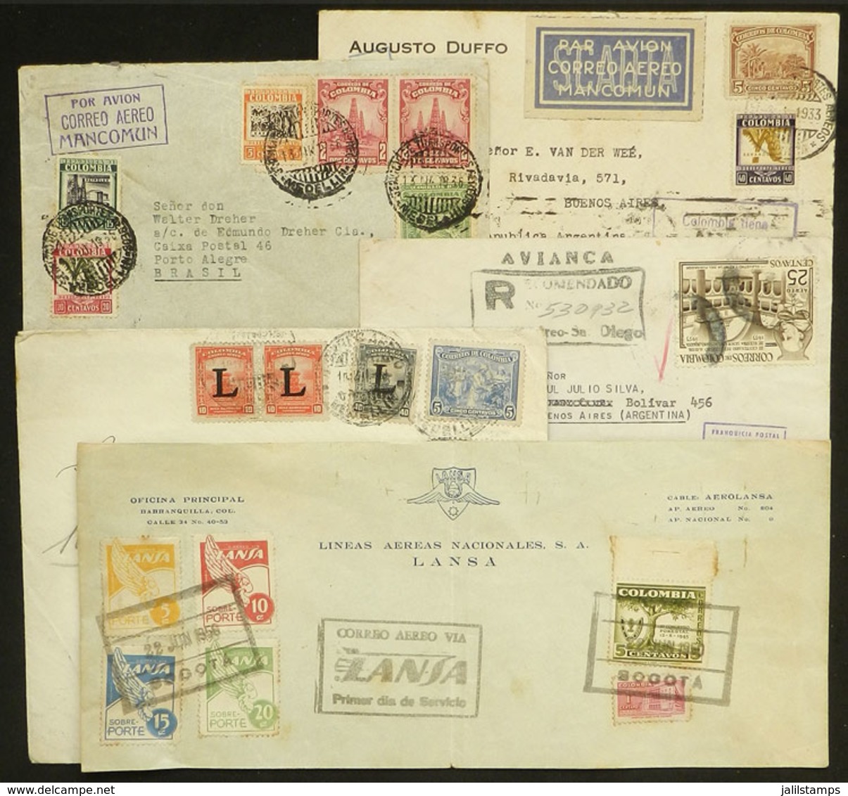 COLOMBIA: 5 Airmail Covers Used Between 1933 And 1956, There Are Nice Postages, Also An Attractive Cinderella Of SCADTA, - Colombie