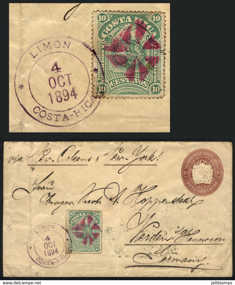 COSTA RICA: 10c. Stationery Envelope Uprated With 10c. (Sc.38) With Nice Mute Cancel 'rose Wedges Without Center', Sent  - Costa Rica