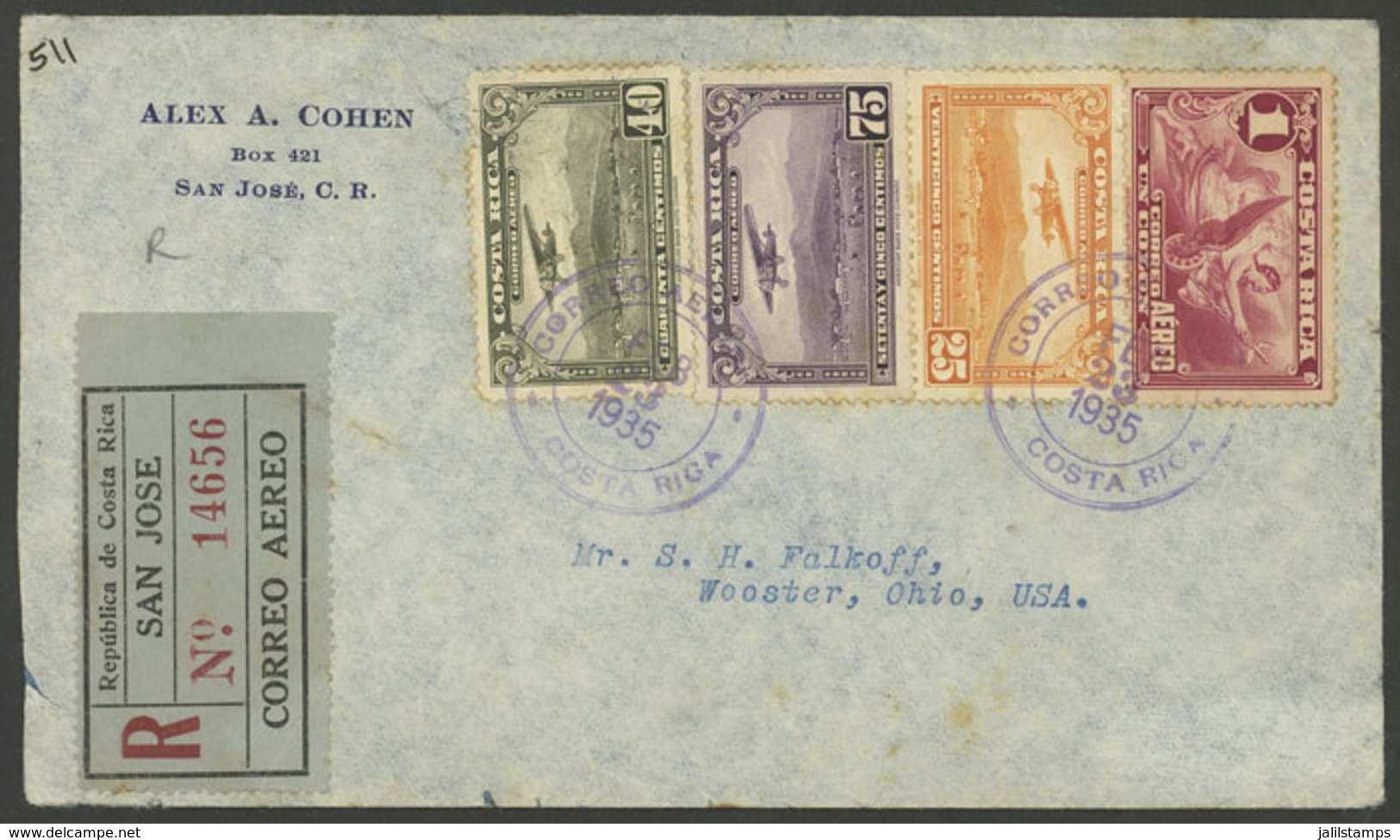 COSTA RICA: 23/FE/1935 San José - Wooster (USA), Registered Airmail Cover With Nice 4-color Postage, Fine Quality! - Costa Rica