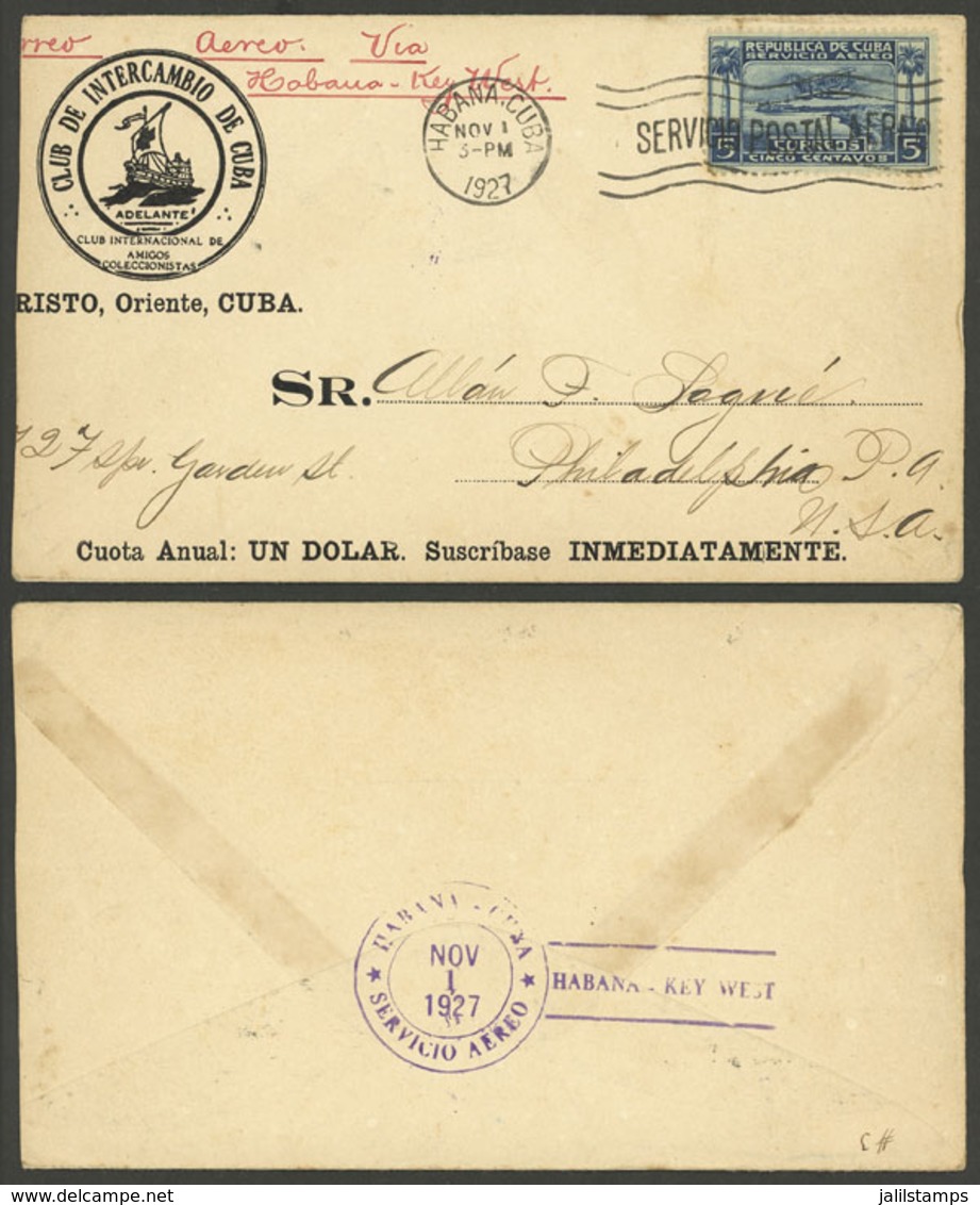 CUBA: 1/NO/1927 First Flight Havana - Key West, Cover With Special Violet Mark On Back, VF Quality! - Briefe U. Dokumente