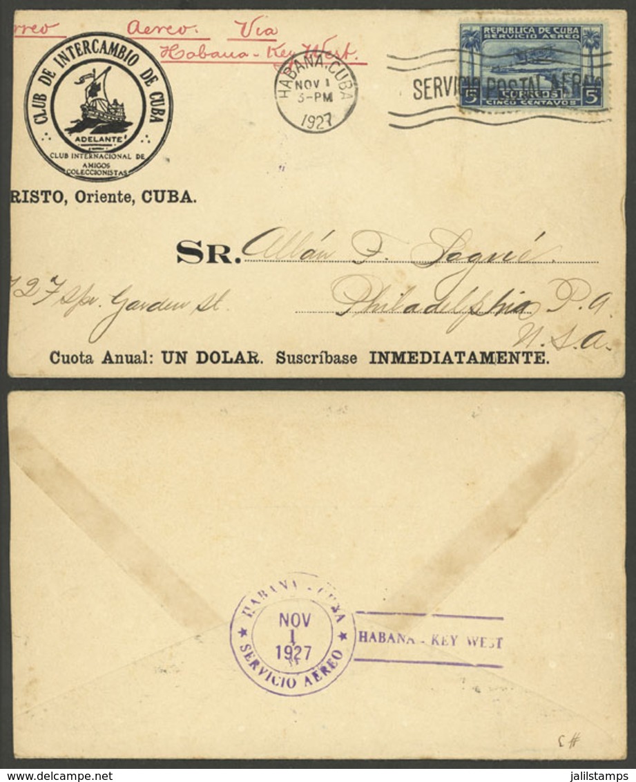 CUBA: 1/NO/1927 First Flight Havana - Key West, Cover With Special Violet Mark On Back, VF Quality! - Covers & Documents