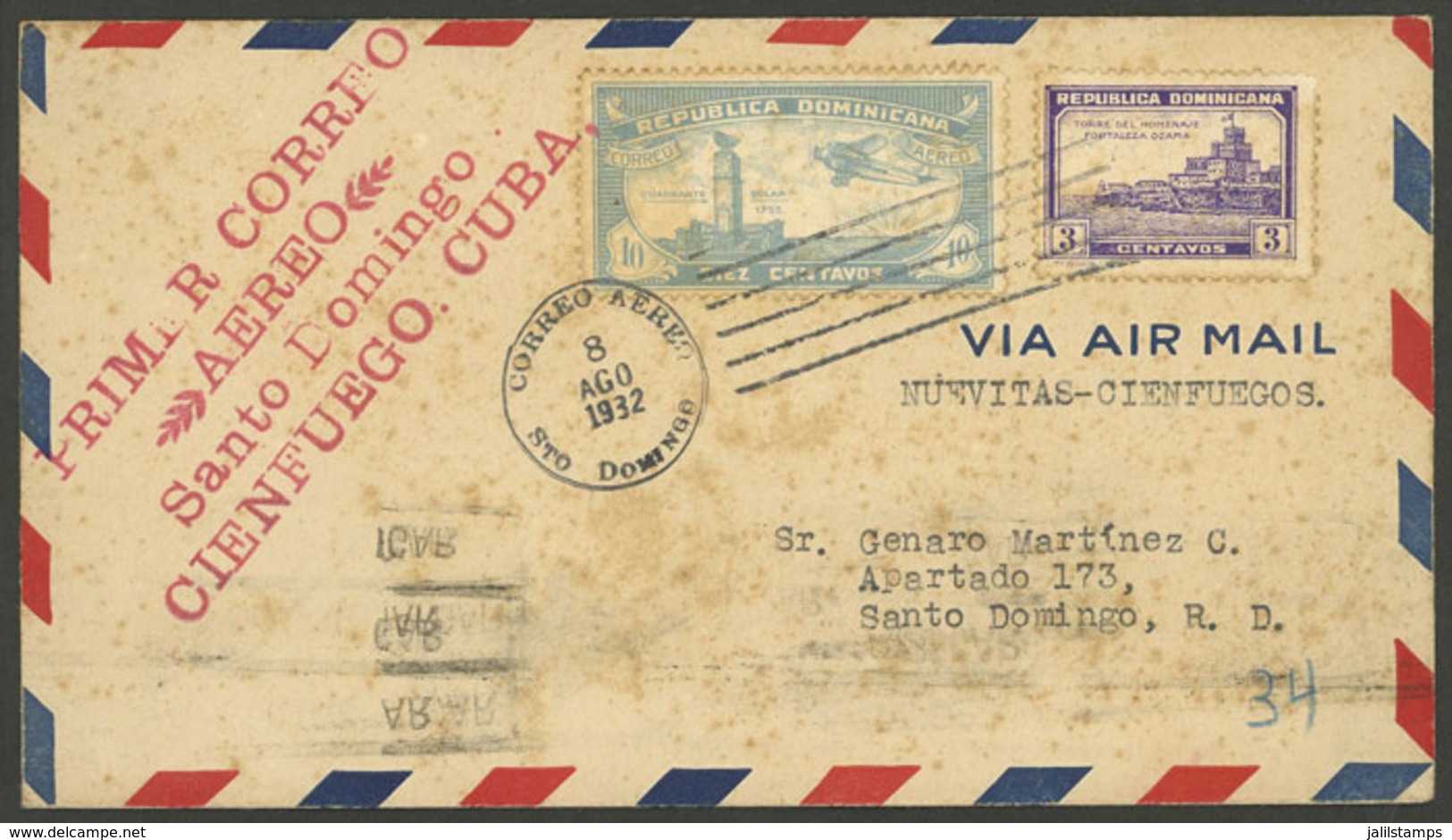 DOMINICAN REPUBLIC: 8/AU/1932 Santo Domingo - Cienfuegos (Cuba), First Airmail, Cover With Stains, With Arrival Backstam - Dominikanische Rep.