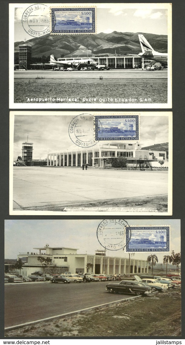 ECUADOR: Stamp Of 1S. With View Of The AIRPORT Of Quito, On 3 Different Maximum Cards, VF Quality! - Ecuador