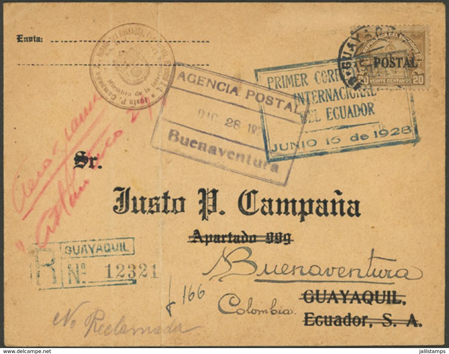 ECUADOR: 16/JUN/1928 Guayaquil - Buenaventura (Colombia), SCADTA Test Flight, With Special Cachet And Arrival Mark, It H - Equateur