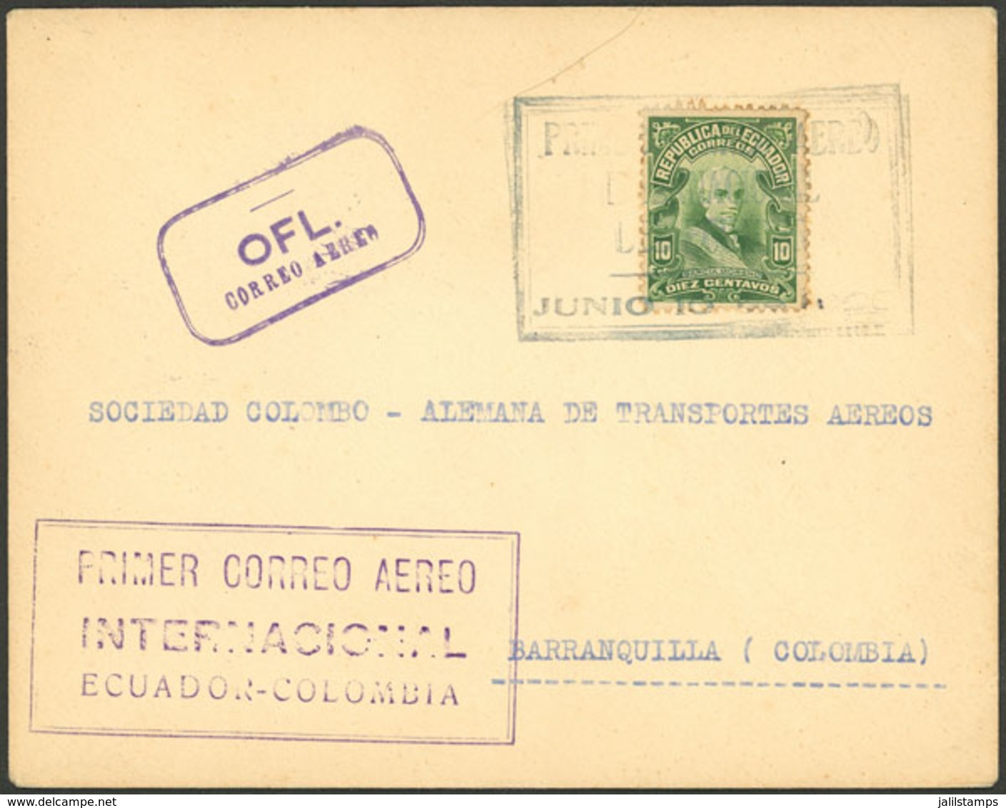 ECUADOR: 17/JUN/1928 Guayaquil - Barranquilla (Colombia), SCADTA First Flight, With Special Cachet, Arrival Backstamp, E - Ecuador