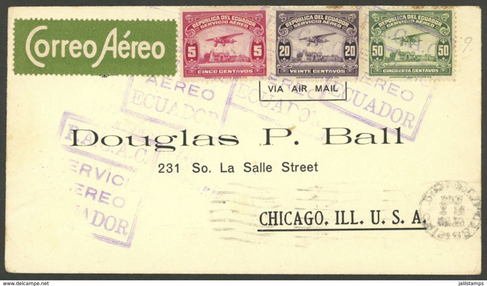 ECUADOR: 18/MAY/1929 Guayaquil - Cristobal (Canal Zone) - Chicago (USA), First Flight, Cover Of VF Quality! - Equateur