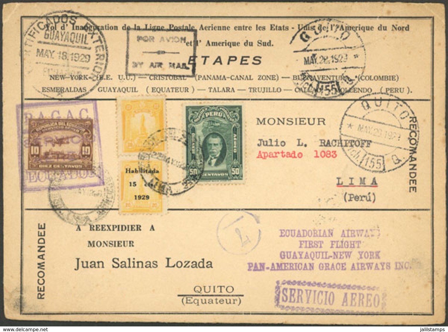 ECUADOR: 18/MAY/1929 Guayaquil - Lima (Peru) - Quito, PANAGRA First Flight, With Mixed Postage Of Both Countries, Very A - Ecuador