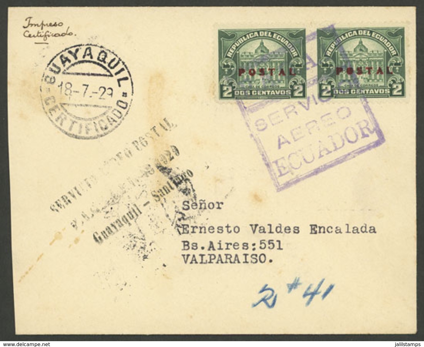 ECUADOR: 18/JUL/1929 Guayaquil - Santiago, First Flight, Cover Sent To Valparaiso, With Special Cachet And Arrival Marks - Ecuador