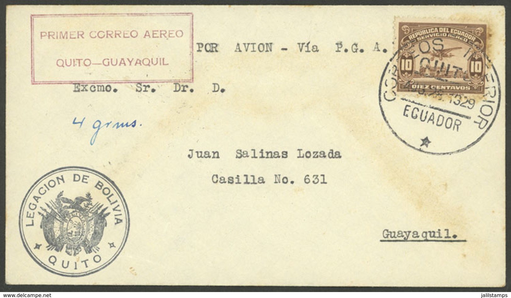 ECUADOR: 28/AU/1929 Quito - Guayaquil, PANAGRA First Flight, Cover With Special Cachet And Arrival Mark On Back, VF! - Equateur