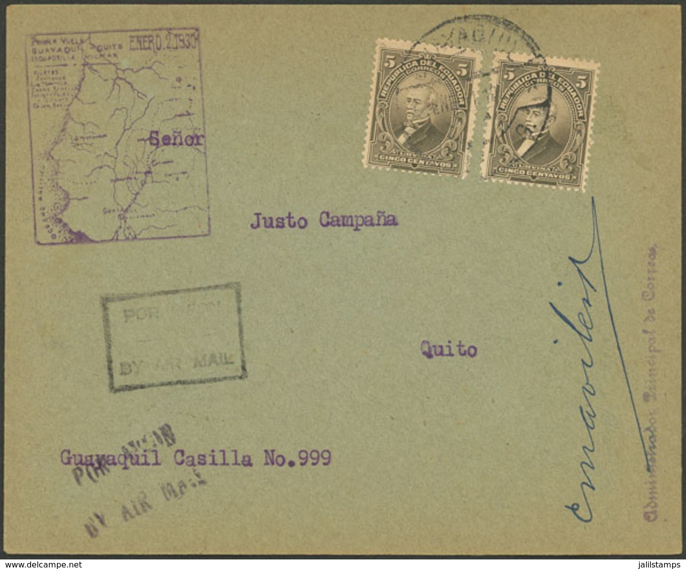 ECUADOR: 2/JA/1930 Guayaquil - Quito, First Flight Of The Military Squadron, Special Cachet And Signature Of The Postmas - Ecuador