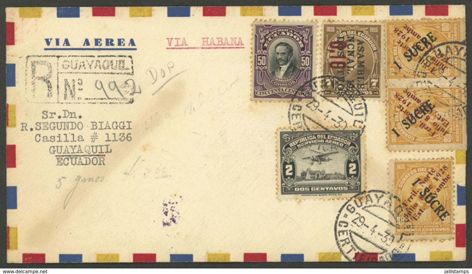 ECUADOR: 29/AP/1930 Guayaquil - New York - Habana - Guayaquil, PANAGRA First Flight, With A Number Of Postal Marks And S - Equateur