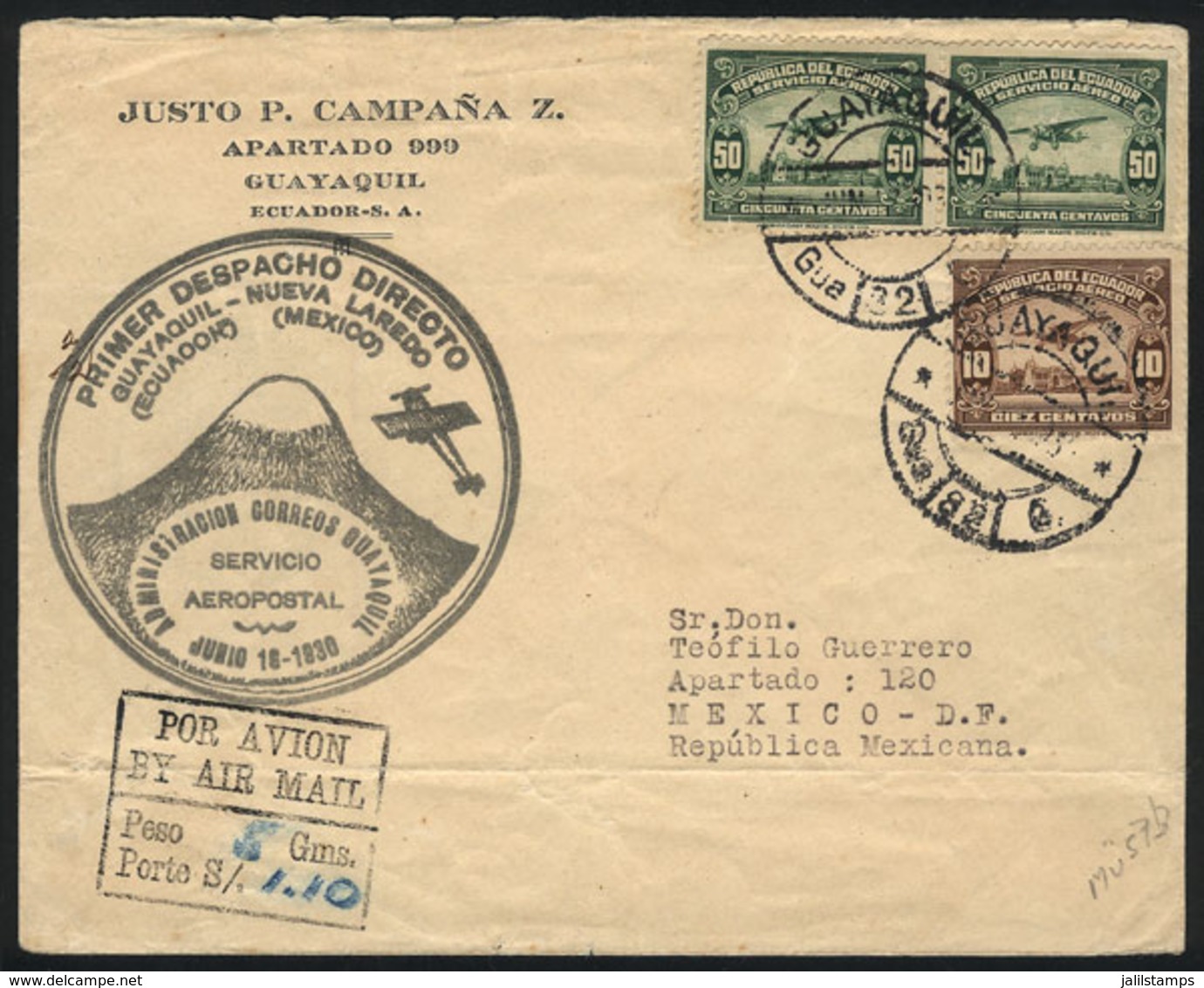 ECUADOR: 16/JUN/1930 Guayaquil - Mexico, First Flight, With Special Handstamp And Arrival Backstamp Of 23/JUN, Müller 57 - Equateur