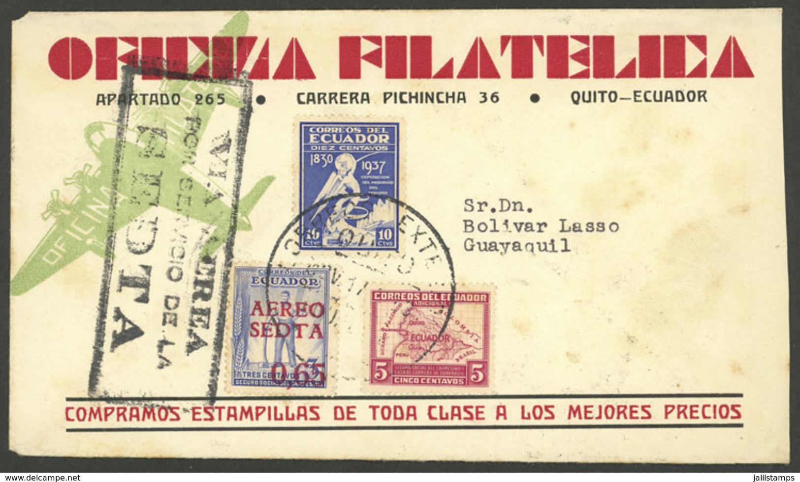 ECUADOR: 17/NO/1938 Quito - Guayaquil, Flown Cover With Mark: "VIA AEREA - POR SERVICIO DE LA  - SEDTA", Very Nice!" - Ecuador
