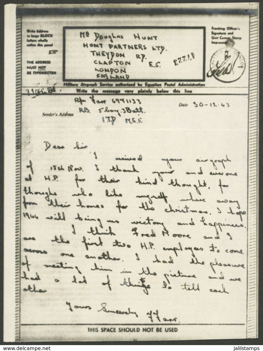 EGYPT: "V-Letter Or Airgraph" Sent From Egypt To England On 31/DE/1943, VF Quality, Interesting!" - Briefe U. Dokumente