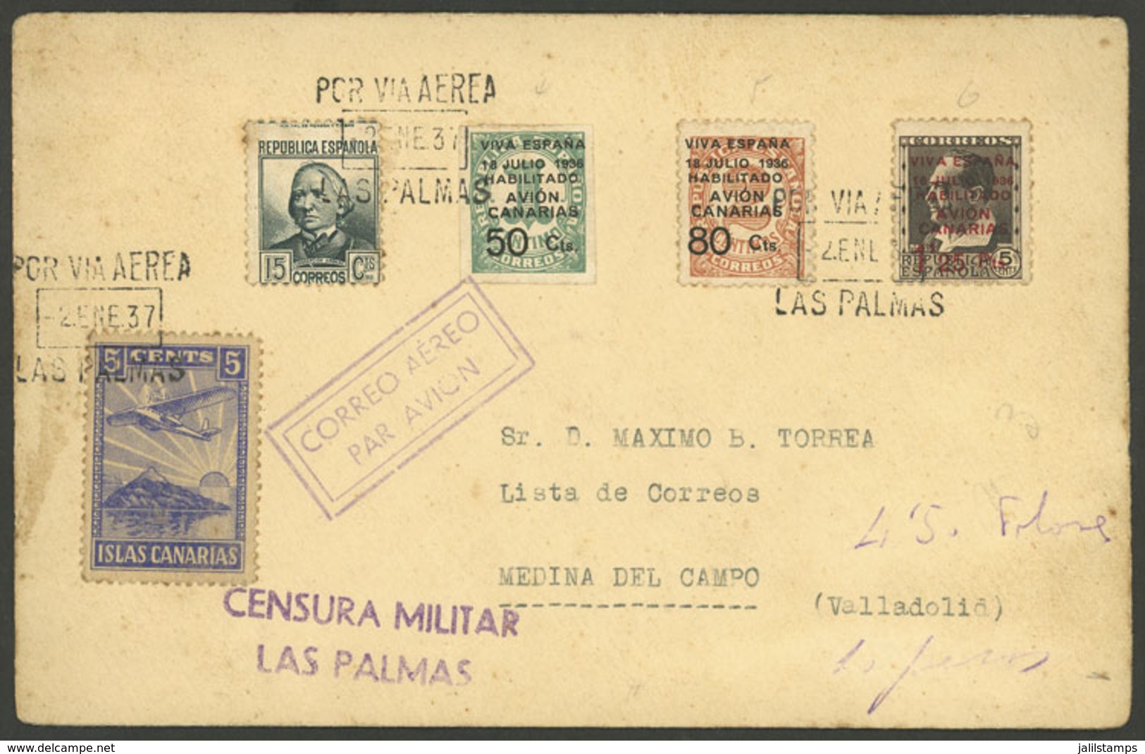 SPAIN: 2/JA/1937 Las Palmas - Medina Del Campo (Valladolid), Airmail Cover With Interesting Postage And Censor Mark, On  - ...-1850 Prephilately