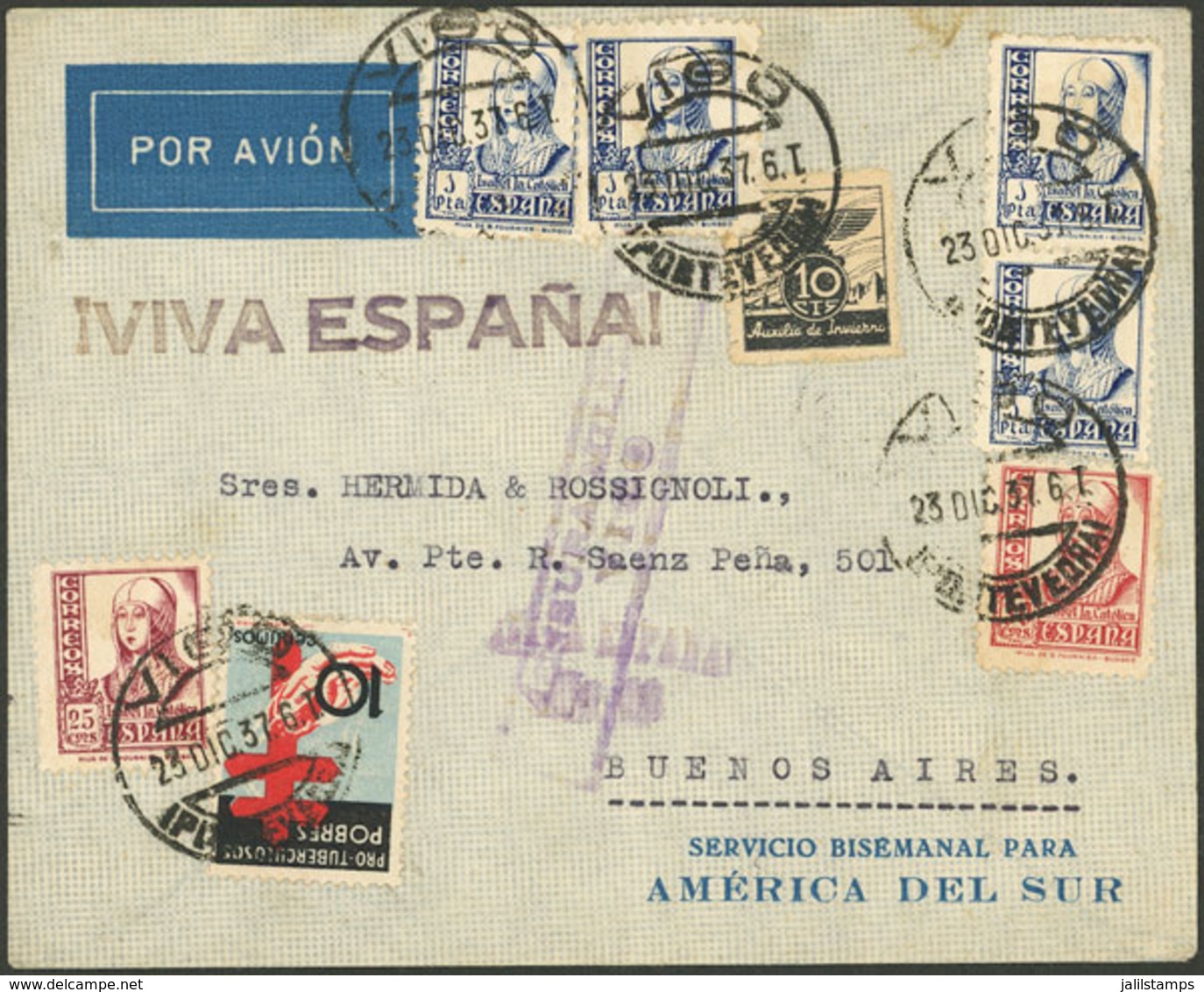 SPAIN: Airmail Cover Sent From Vigo To Argentina On 23/DE/1937 With Very Nice Postage That Includes 2 Cinderellas, With  - ...-1850 Prephilately