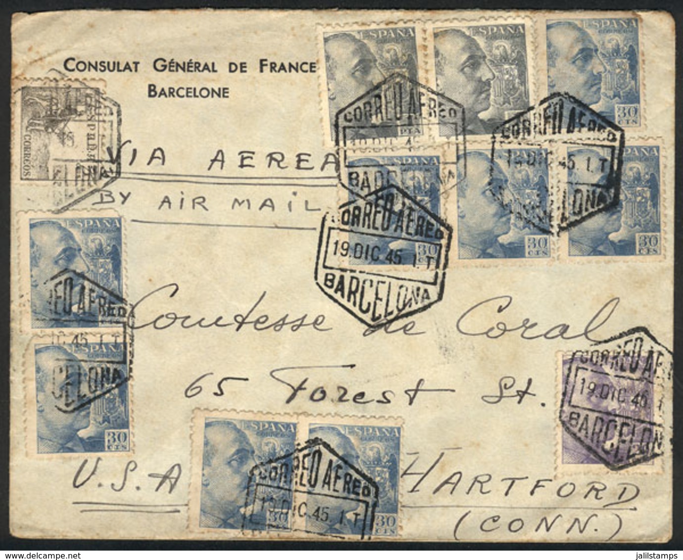 SPAIN: Airmail Cover Sent From Barcelona To USA On 19/DE/1945 With Very Nice Postage! - ...-1850 Prephilately