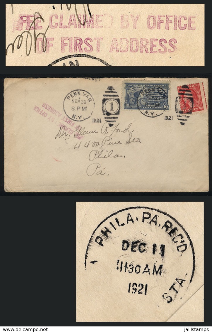 UNITED STATES: Express Cover Sent From PENN YAN (NY) To Philadelphia On 30/NO/1921, On Back Arrival Datestamp Of 11/DE,  - Storia Postale