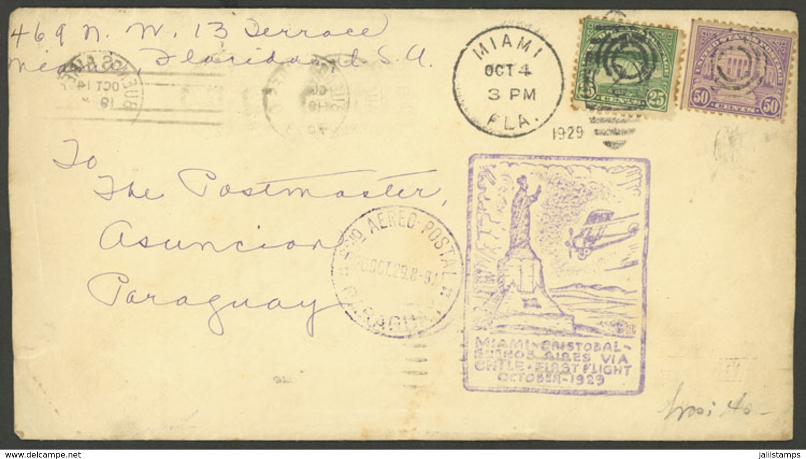 UNITED STATES: 4/OC/1929 First Flight Miami - Cristobal - Buenos Aires, Via Chile, Cover Sent To Paraguay With Special H - Covers & Documents