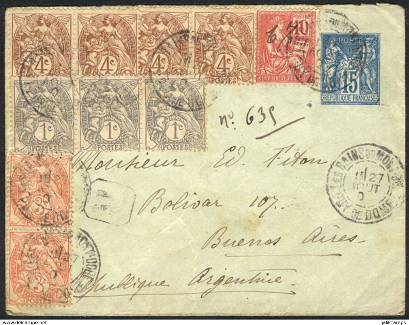 FRANCE: 15c. Stationery Envelope + 10 Stamps Totalling The Rate Of 50c., Sent By Registered Mail To Argentina On 27/AU/1 - Lettres & Documents