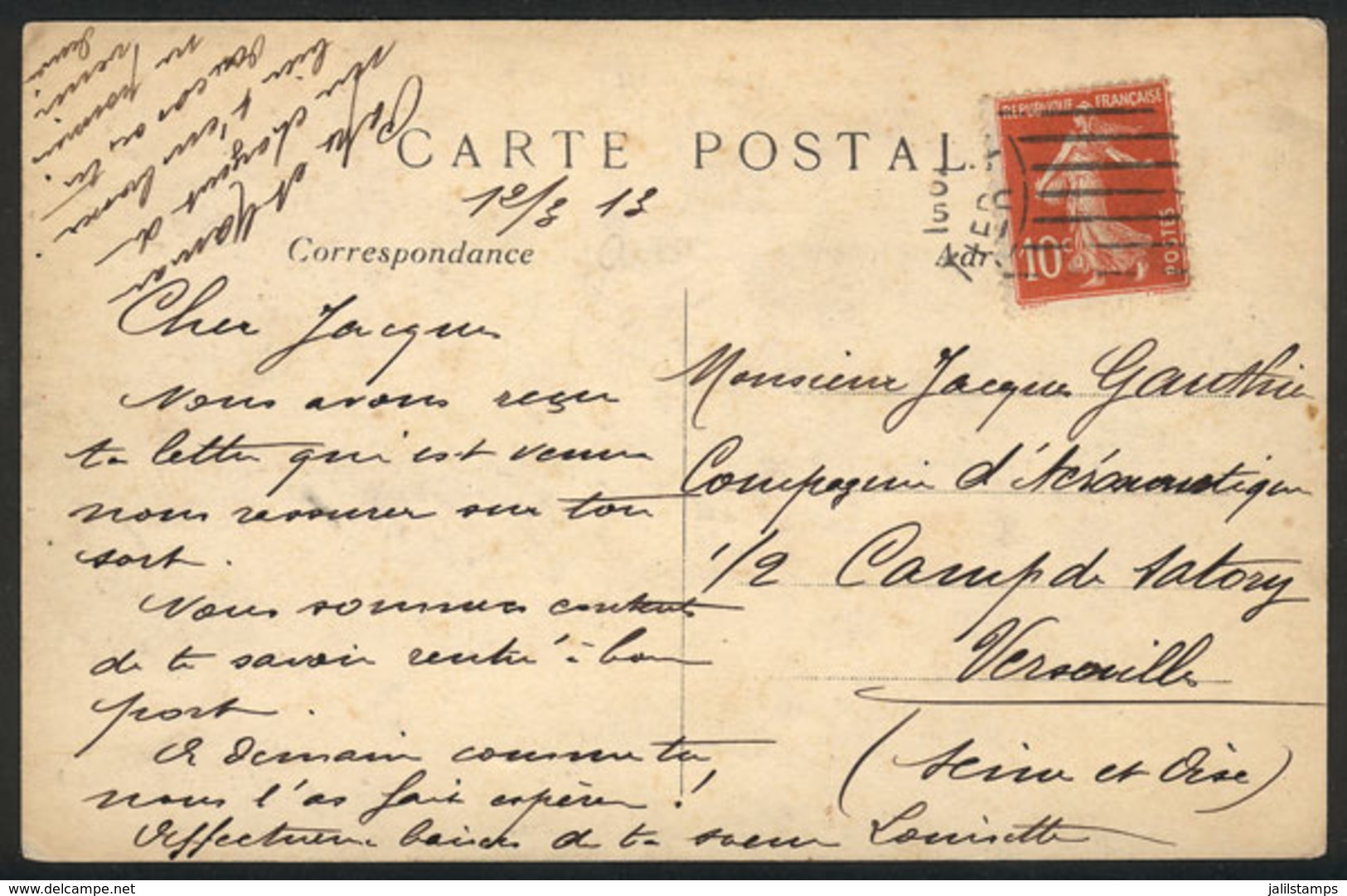 FRANCE: PC With View Of An Airplane Flying Over Paris, Sent On 12/MAR/1913 To Mr Jacques Gauthier, Compagnie Aéronautiqu - Cartas & Documentos