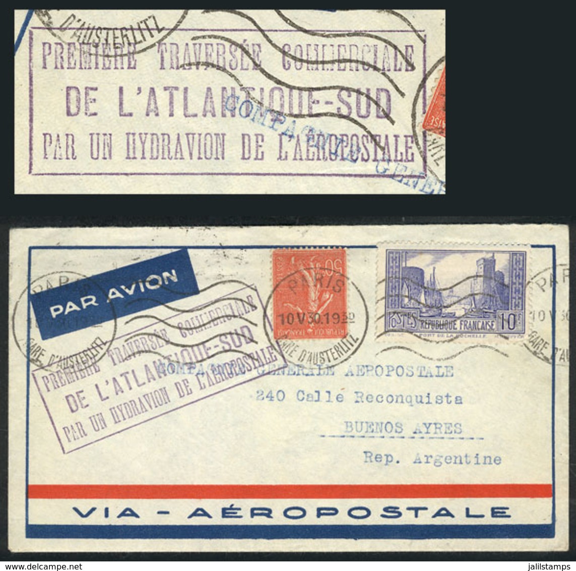 FRANCE: 10/MAY/1930 Paris - Buenos Aires: First Commercial Flight Over The South Atlantic By Seaplane Of The Aeropostale - Lettres & Documents