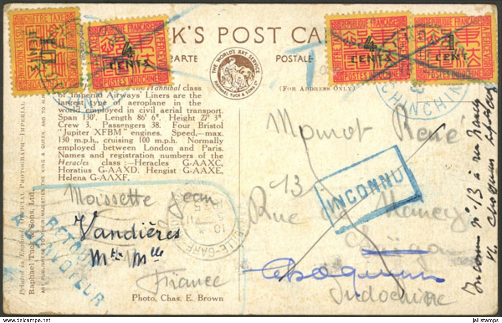 FRANCE: 4/DE/1935 Vandieres - Indochina, Postcard Franked With 2.25Fr. And Sent By Airmail To Saigon, With 4 Postage Due - Cartas & Documentos