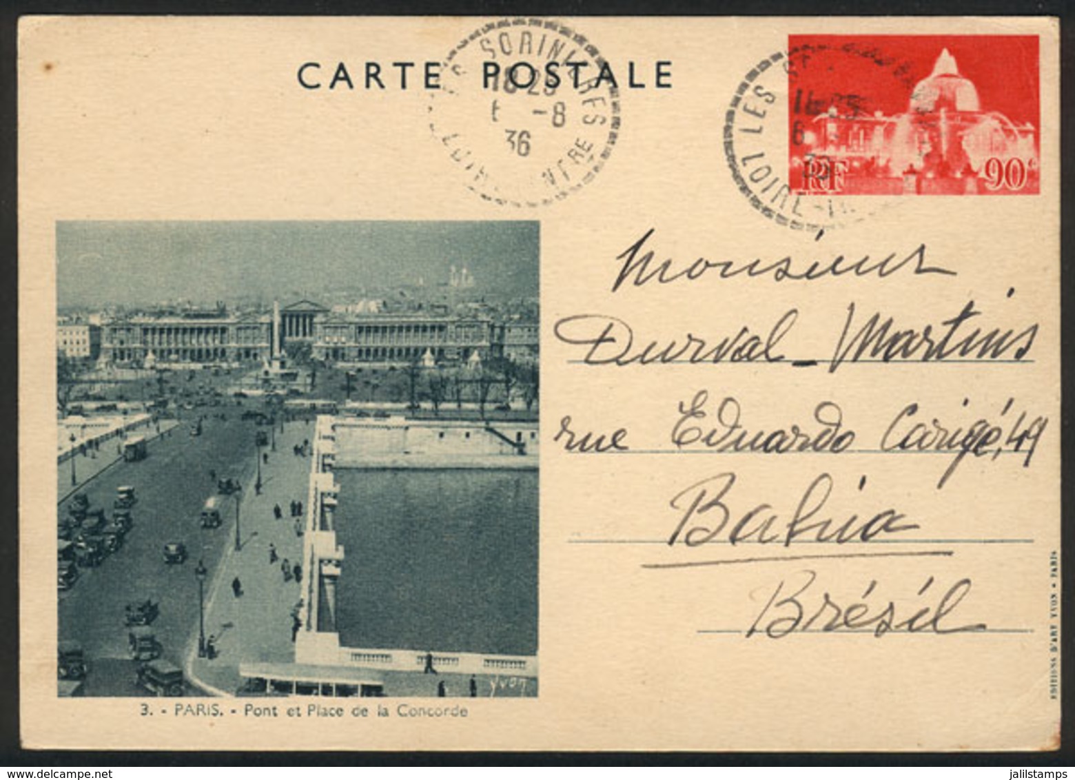 FRANCE: Postal Card Illustrated With View Of Paris, Bridge And Place De La Concorde, Sent To Brazil On 6/AU/1936, VF Qua - Cartas & Documentos