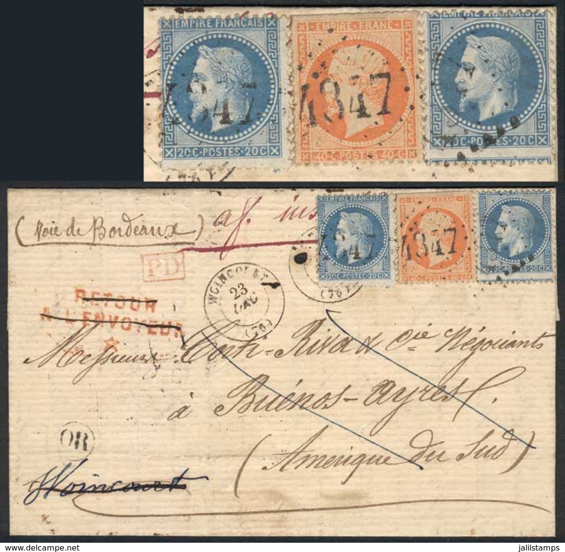 FRANCE: 21/DE/1868 DARGNIES - ARGENTINA: Letter Originally Franked By Yv.29B And Returned To Sender Due To Insufficient  - Covers & Documents