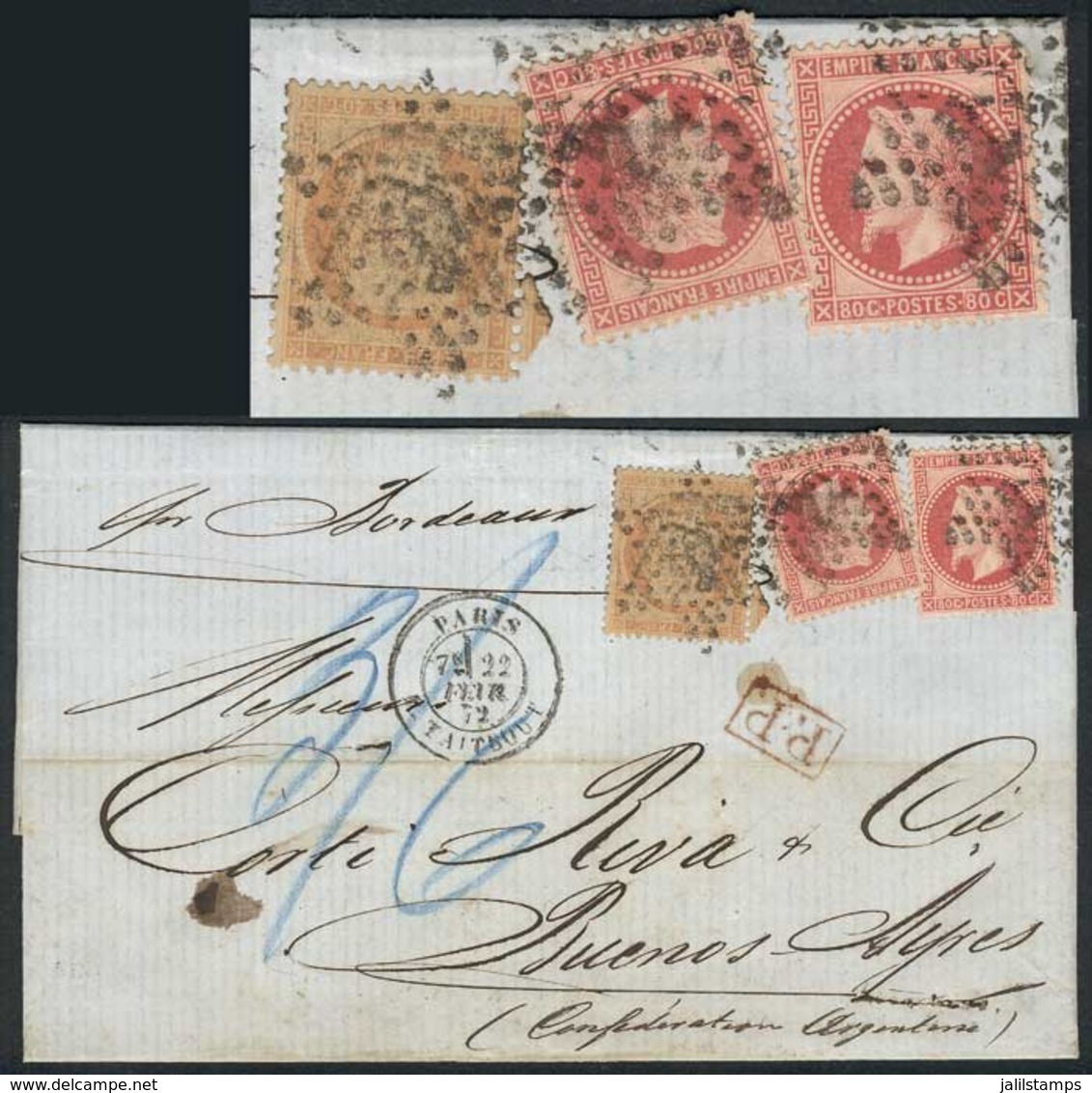 FRANCE: 22/FEB/1872 PARIS - ARGENTINA: Folded Cover Franked By Yv.32 X2 + 38 (Napoleon + Liberty!), To Buenos Aires, Exc - Cartas & Documentos