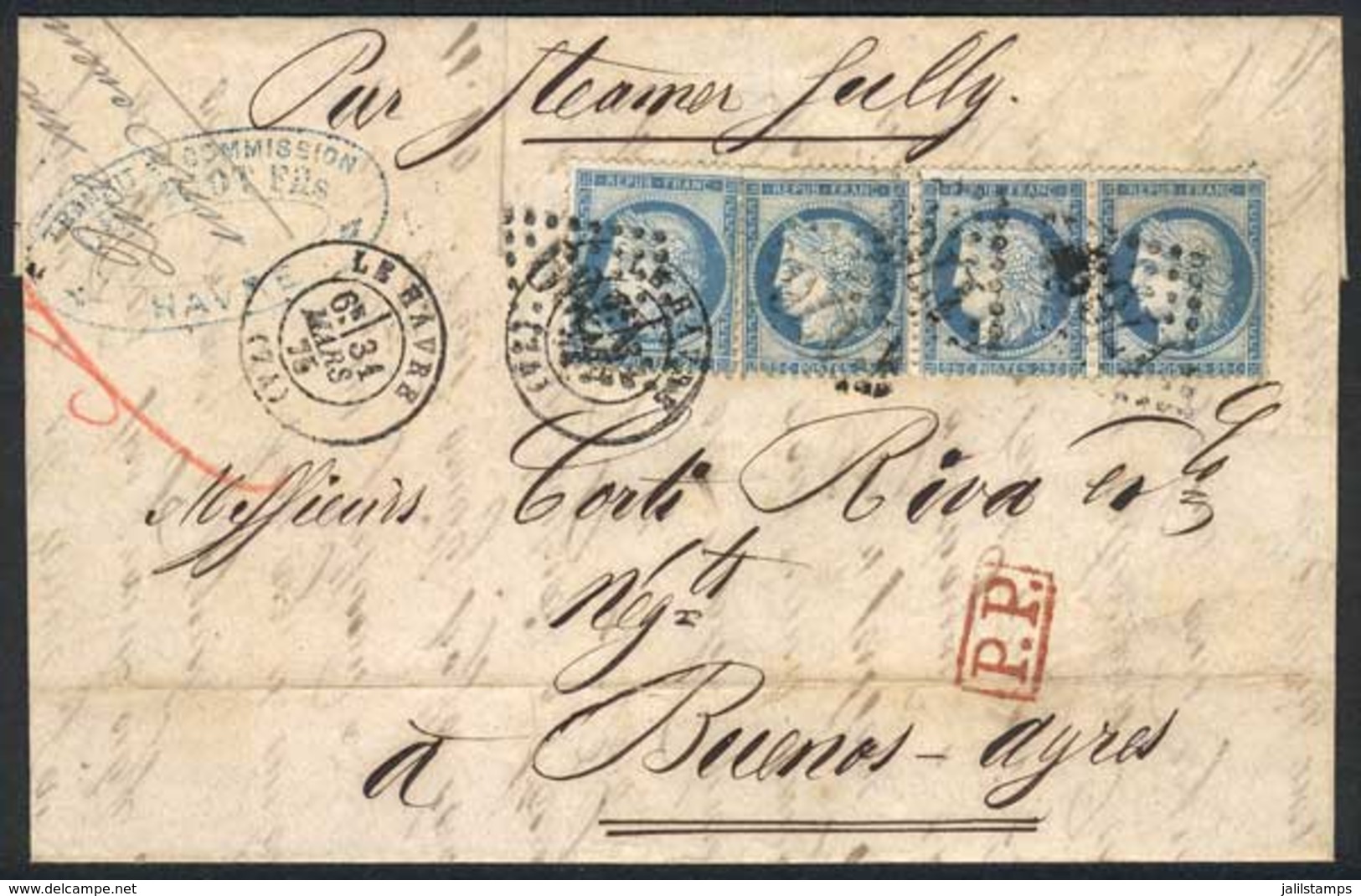 FRANCE: 31/MAR/1875 LE HAVRE - ARGENTINA: Complete Folded Letter Franked By Yv.60C X4 (strip Of 3 + Single), Numeral "17 - Covers & Documents