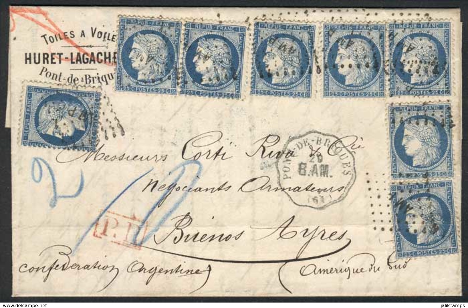 FRANCE: 29/SEP/1875 PONT DE BRIQUES - ARGENTINA: Complete Folded Letter Franked By Yv.60C X8 (total 2Fr.), Cancelled By  - Storia Postale