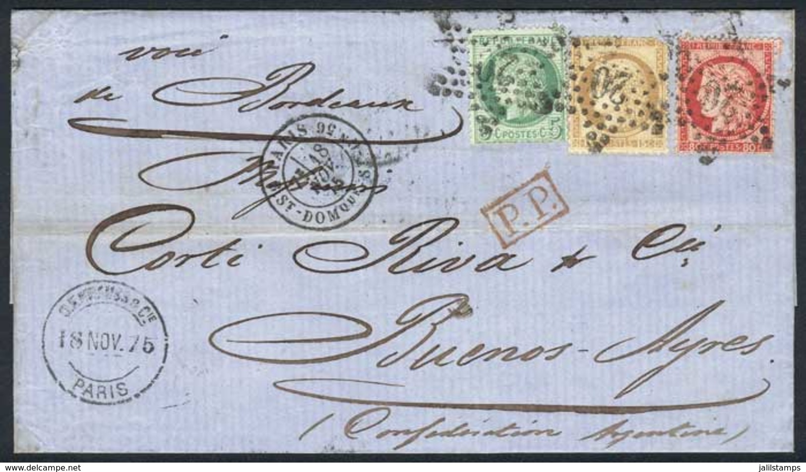 FRANCE: 18/NOV/1875 PARIS - ARGENTINA: Folded Cover Franked By Yv.53 + 55 + 57, Cancelled By Dotted Star With Numeral 20 - Lettres & Documents