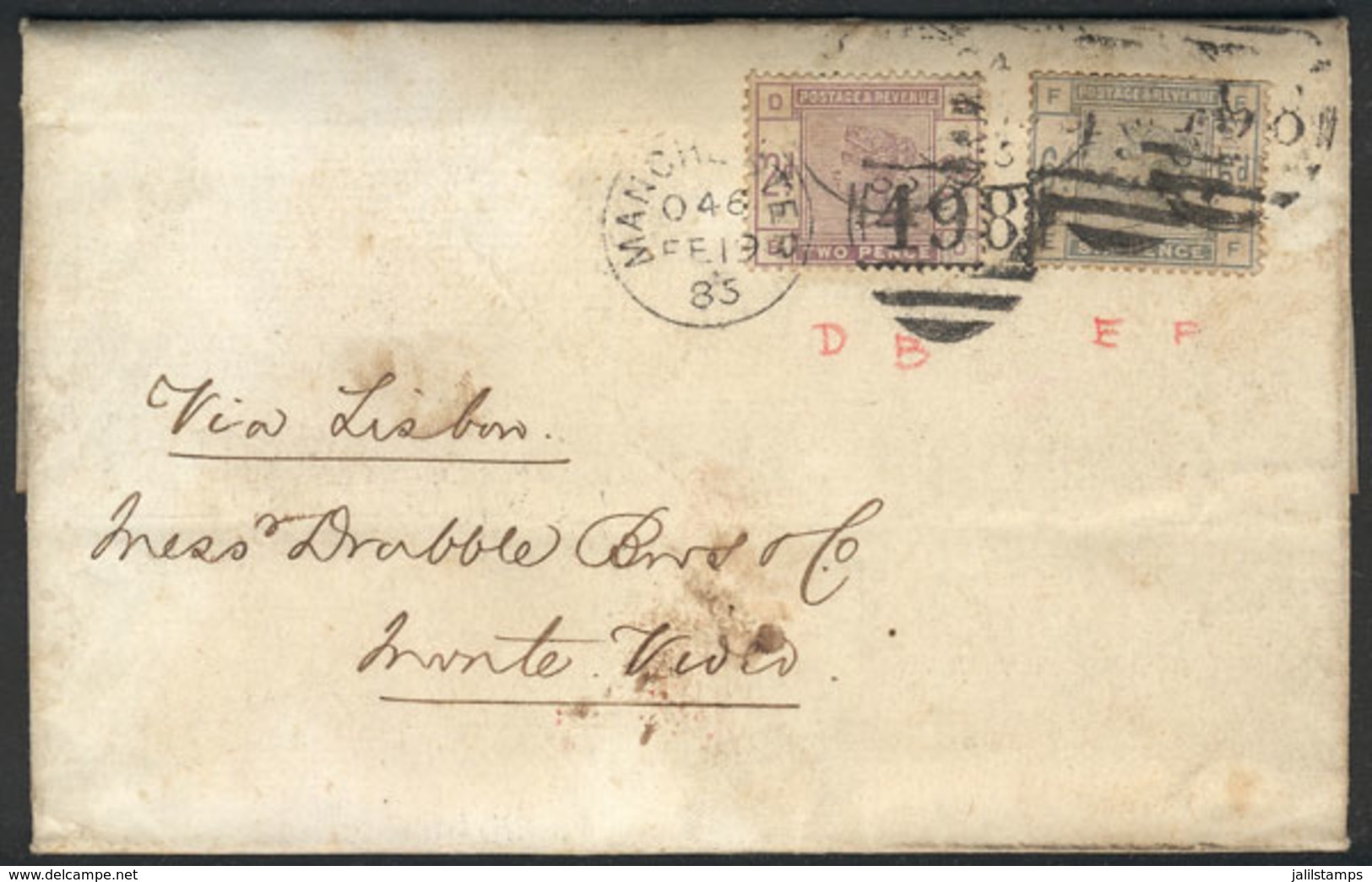 GREAT BRITAIN: 19/FE/1885 Manchester - Uruguay: Entire Letter Franked By Sc.100 + 105, With "498" Duplex Cancel, With Mo - ...-1840 Vorläufer