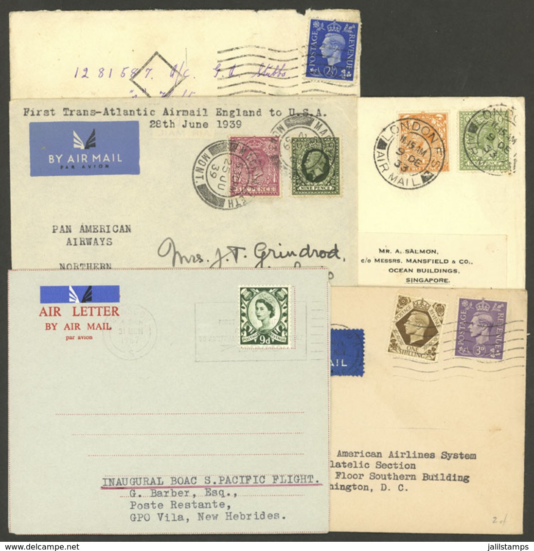 GREAT BRITAIN: 5 Covers, Etc. Posted By Airmail Between 1933 And 1967, Mostly First Flights, VF General Quality! IMPORTA - ...-1840 Préphilatélie