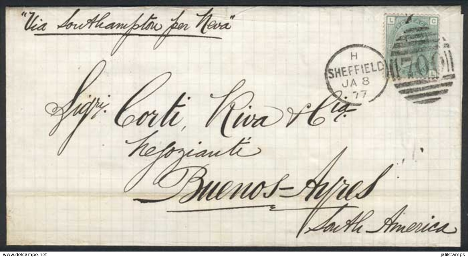 GREAT BRITAIN: 8/JAN/1877 SHEFFIELD - ARGENTINA: Folded Cover Franked By Sc.64 Plate 12, With Duplex "700" Cancel, And B - ...-1840 Préphilatélie