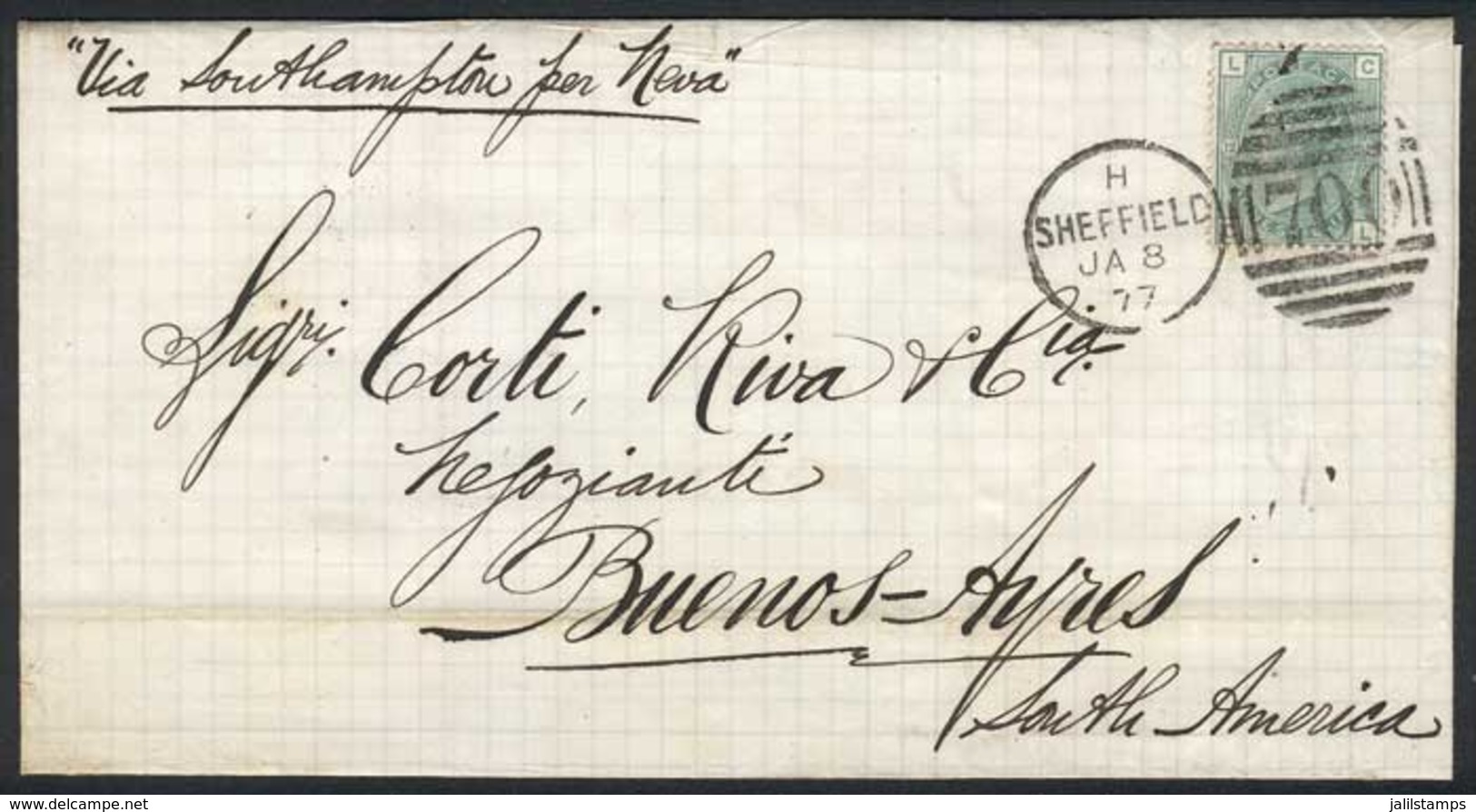 GREAT BRITAIN: 8/JAN/1877 SHEFFIELD - ARGENTINA: Folded Cover Franked By Sc.64 Plate 12, With Duplex "700" Cancel, And B - ...-1840 Precursores