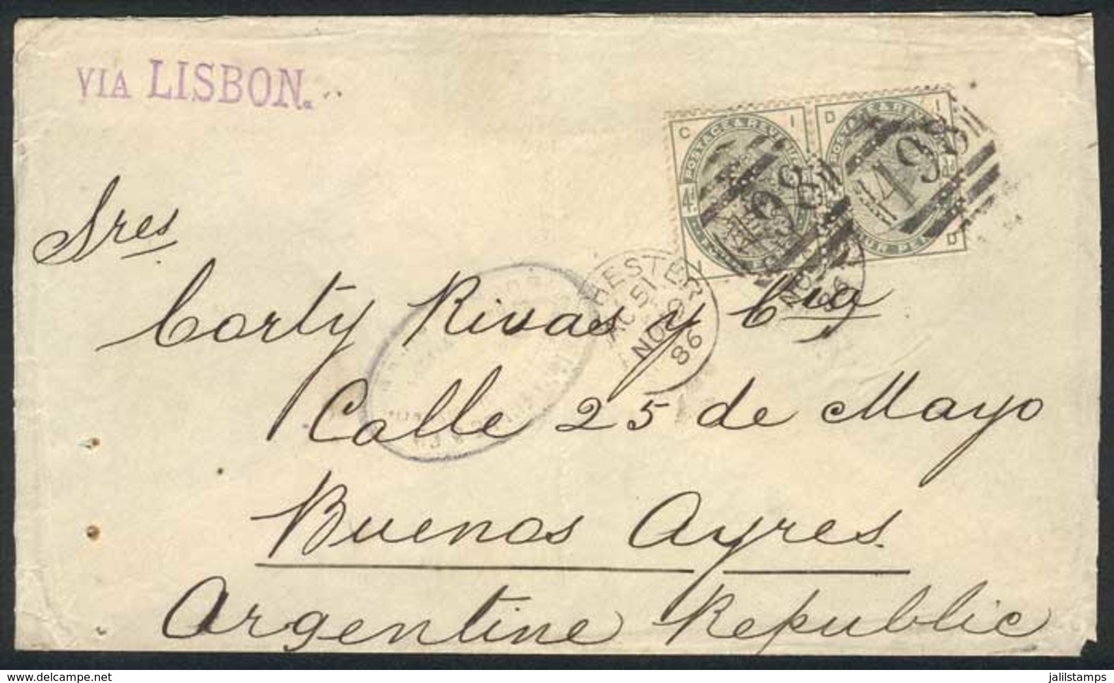 GREAT BRITAIN: 19/NOV/1886 MANCHESTER - ARGENTINA: Cover Franked With Pair Sc.103 With PERFIN "D.M & S", With Duplex "49 - ...-1840 Precursores