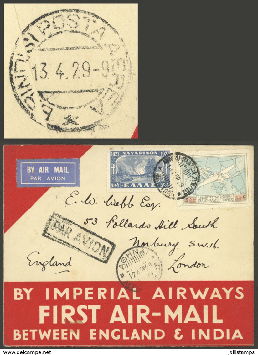 GREECE: 12/AP/1929 Athens - Bridisi, I.A. First Flight, Special Envelope With Nice Postage And Arrival Backstamp Of 13/A - Covers & Documents