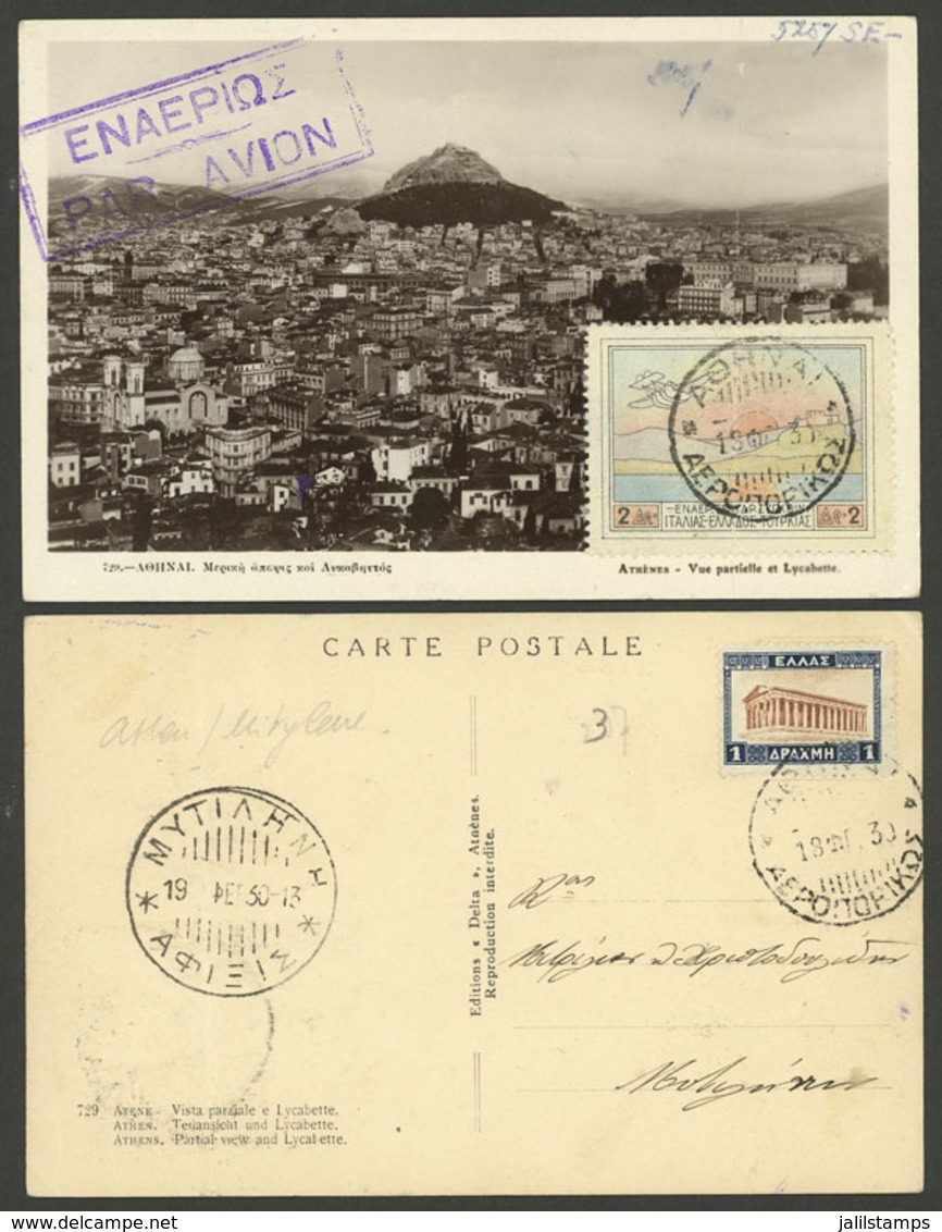 GREECE: 18/FE/1930 First Flight Athens - Mitylene, Postcard With Postage On Both Sides, With A Crease Else VF, Scarce! - Covers & Documents