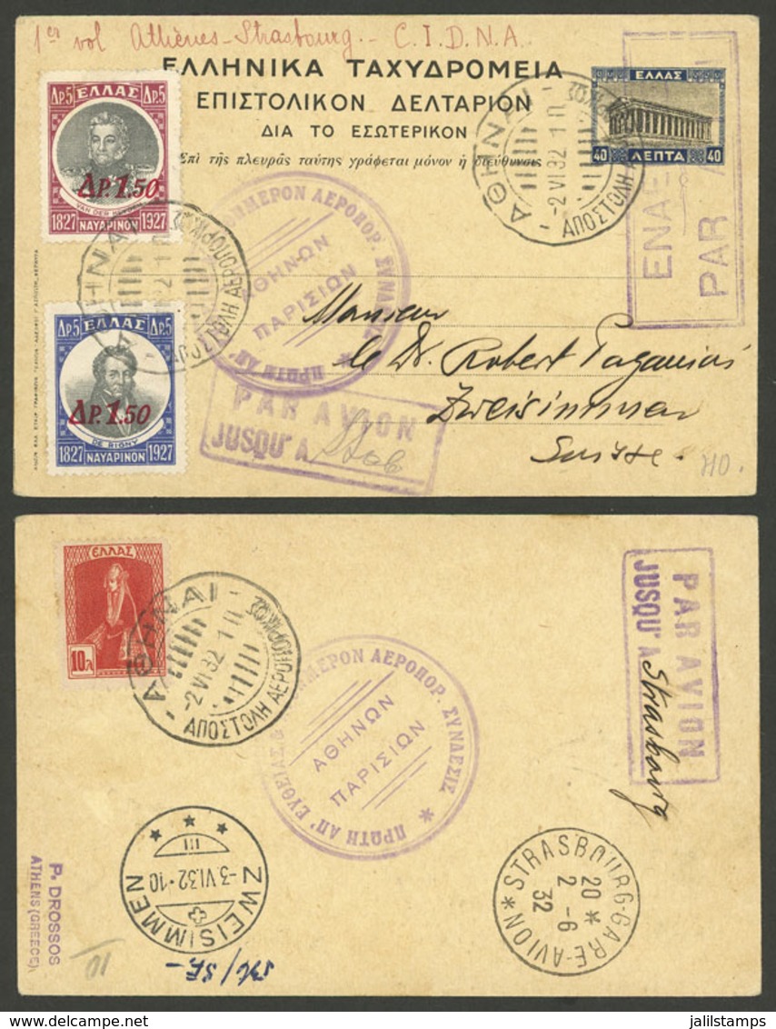 GREECE: 2/JUN/1932 First Flight Athens- Strasbourg, By C.I.D.N.A., Card Of Very Fine Quality With Postage And Postal Mar - Storia Postale